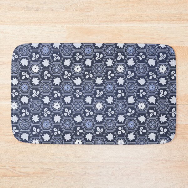Item preview, Traditional Japanese Kikkou Tortoise Shell Autumn Geometric Floral Pattern with Maple Leaves, Bush Clover, and Chrysanthemum in Indigo Navy designed and sold by Charredsky.