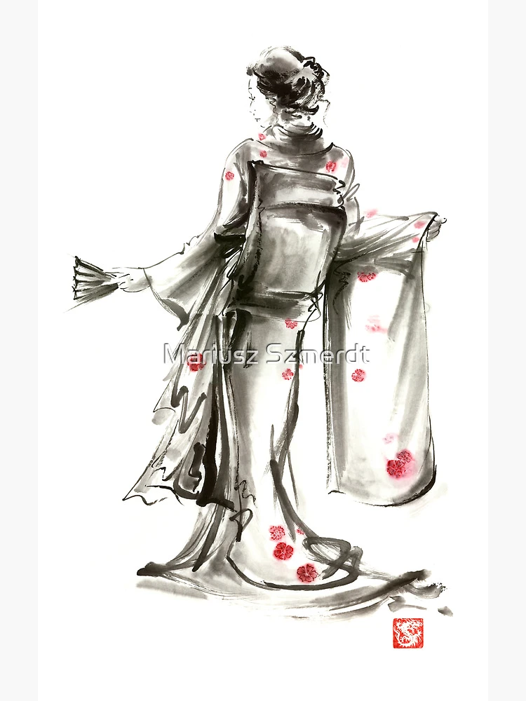 Yokai Japanese Geisha Oriental Asian Ink Watercolor Sumie by Lummo Art