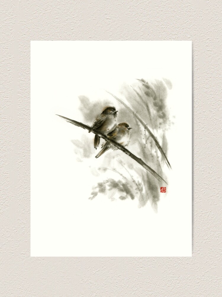 Sparrows sumi-e bird birds on branches original ink painting