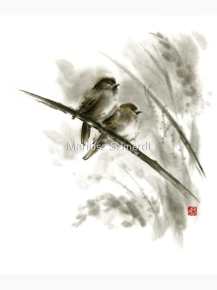 Sparrows sumi-e bird birds on branches original ink painting