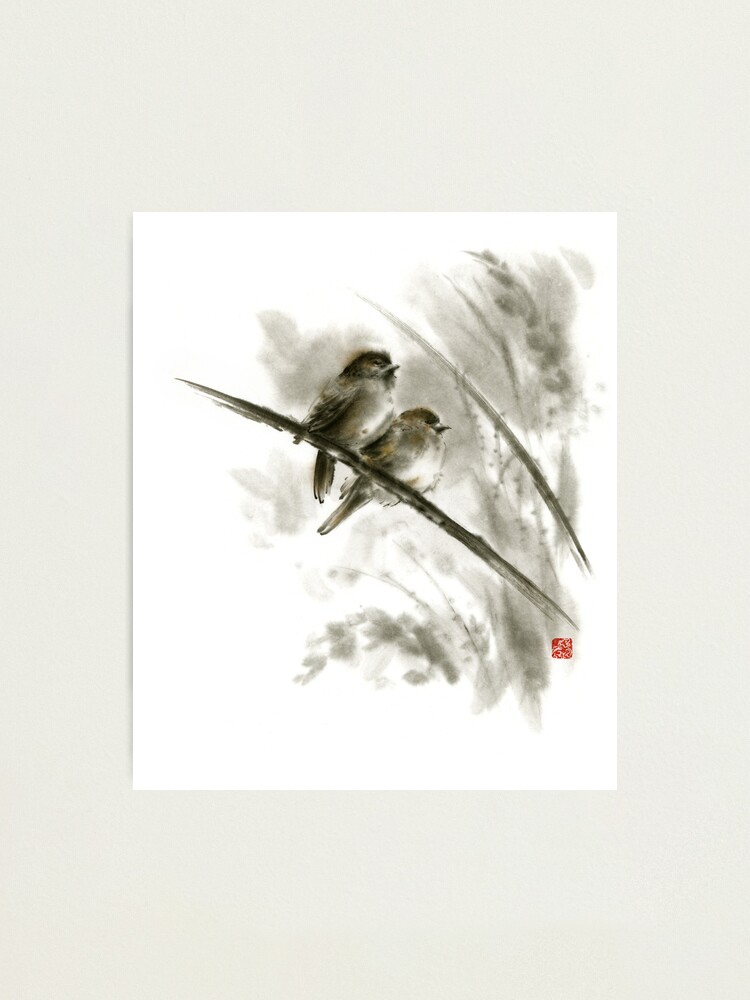 Sparrows sumi-e bird birds on branches original ink painting