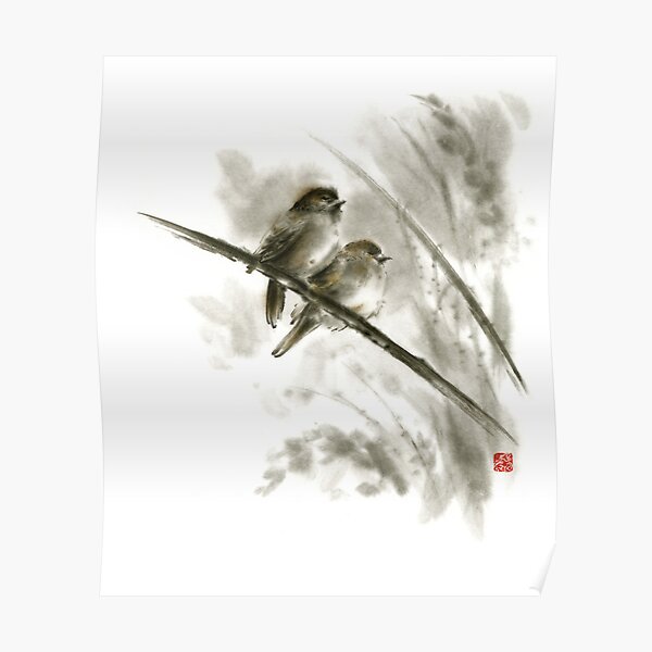 Sparrows sumi-e bird birds on branches original ink painting artwork Poster