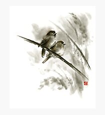 Sparrows sumi-e bird birds on branches original ink painting artwork Photographic Print