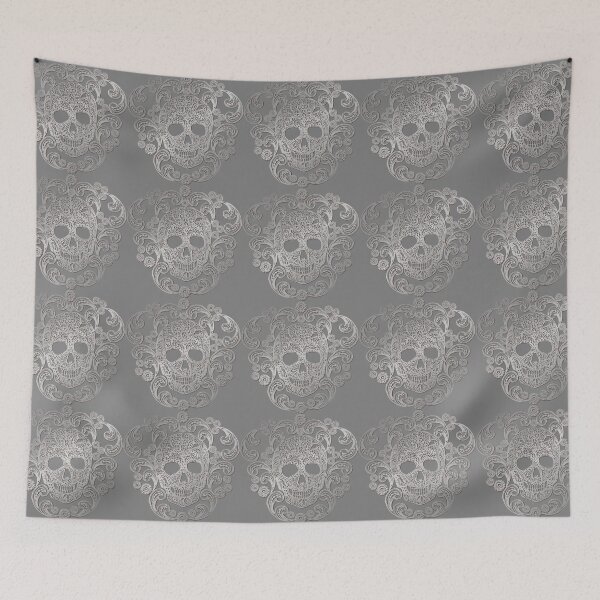 Item preview, Silver Lace Skull Damask on Grey designed and sold by Cecilia Mok.