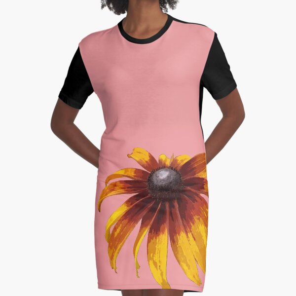 Black-Eyed Susan - Coral Graphic T-Shirt Dress