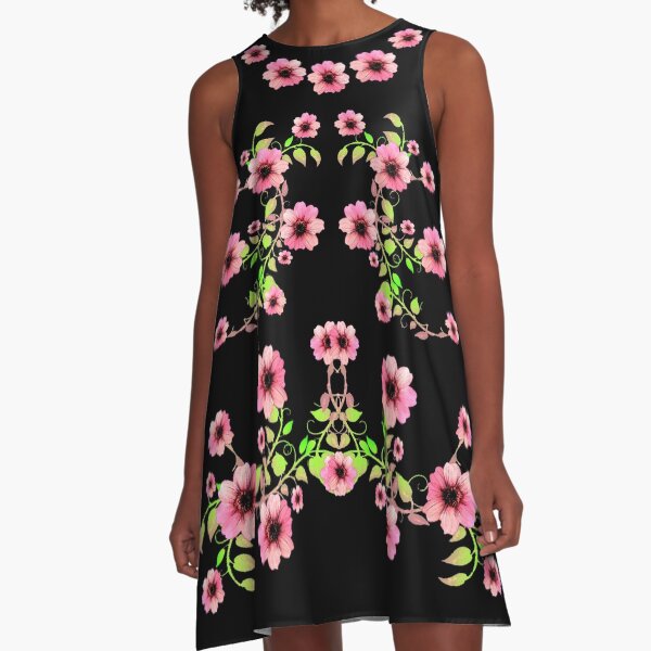 WATERCOLOR FLORAL GARLAND WITH LIGHT PINK FLOWERS A-Line Dress