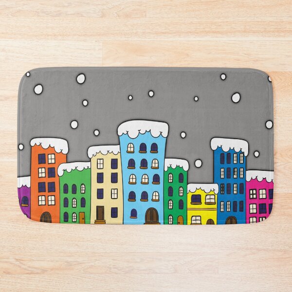 Item preview, colorful Hand drawn town buildings night snow at winter designed and sold by mashmosh.