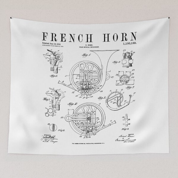 Item preview, French Horn Old Vintage Antique Patent Drawing Print designed and sold by GrandeDuc.