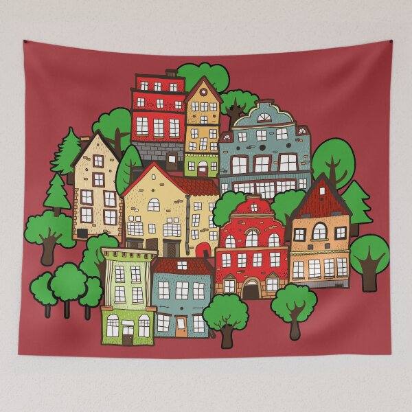 Item preview, colored Hand drawn town buildings  beautiful green trees designed and sold by mashmosh.