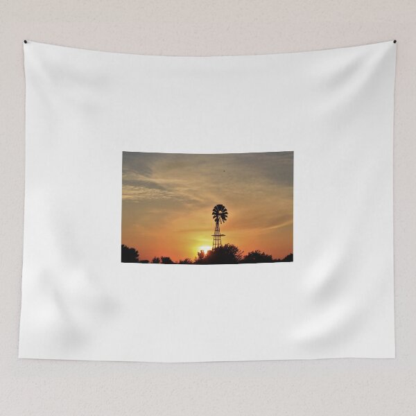 Item preview, Kansas colorful Sunset with a Windmill silhouette and a bird in the sky. designed and sold by ROBERTDBROZEK.