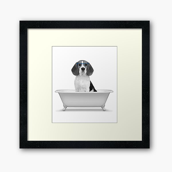 beagle, dog, pet, bathroom art, bathroom wall art, bathroom kids art, bathroom decor, bathroom wall decor, animal art, black and white art Framed Art Print