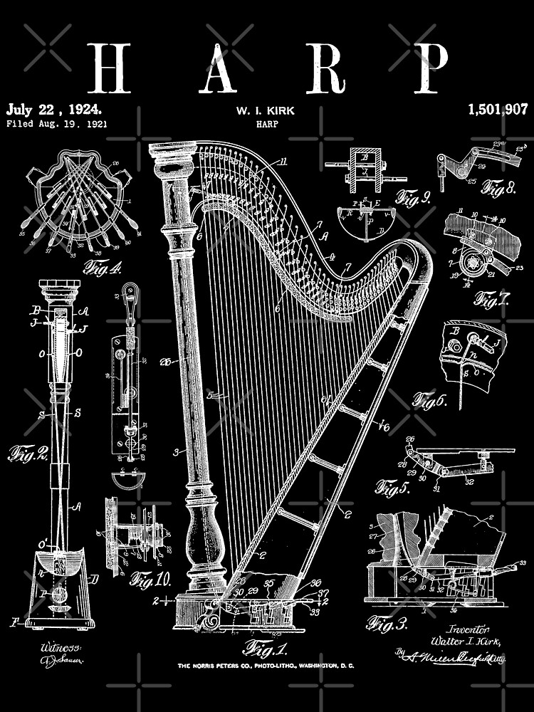 Harp Vintage Patent Harpist Drawing Print by GrandeDuc