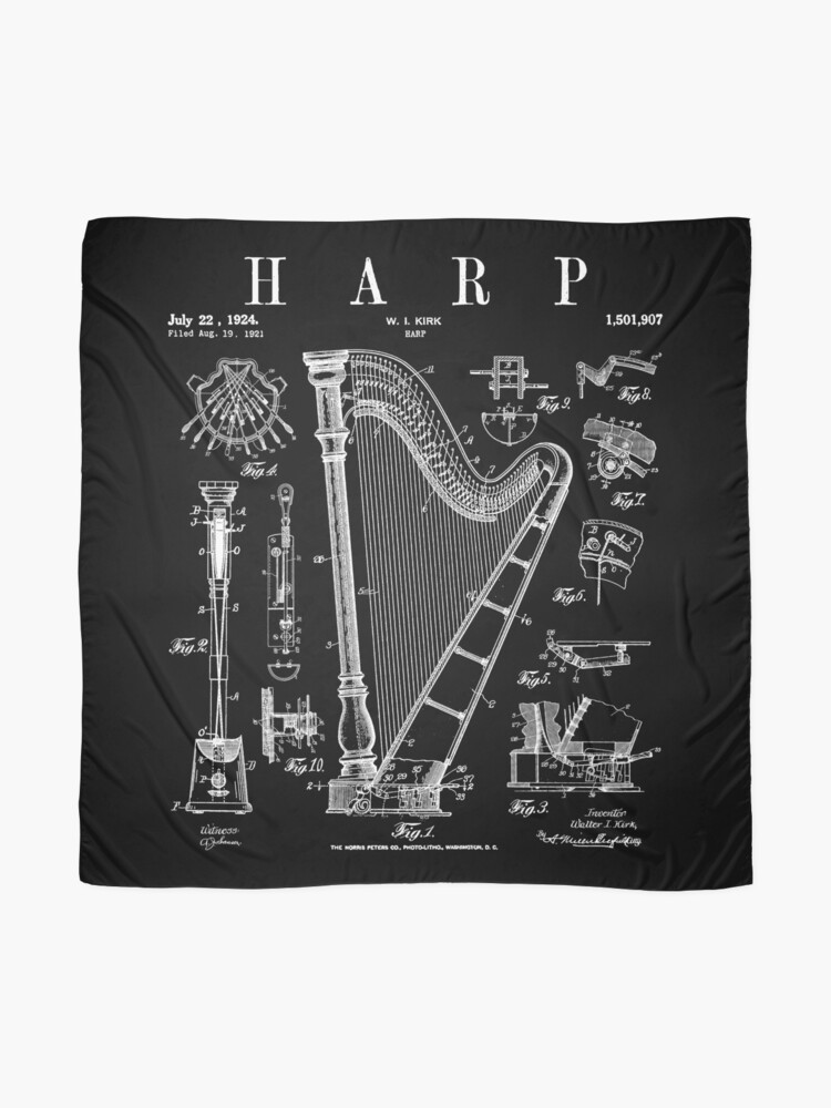 Alternate view of Harp Vintage Patent Harpist Drawing Print Scarf