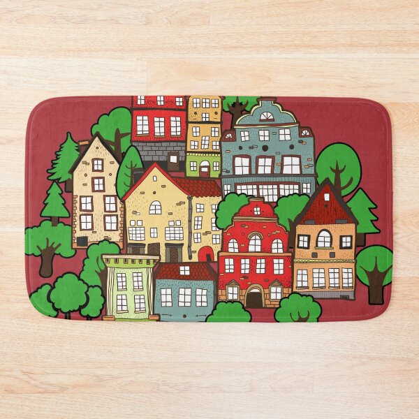 Item preview, colored Hand drawn town buildings  beautiful green trees designed and sold by mashmosh.