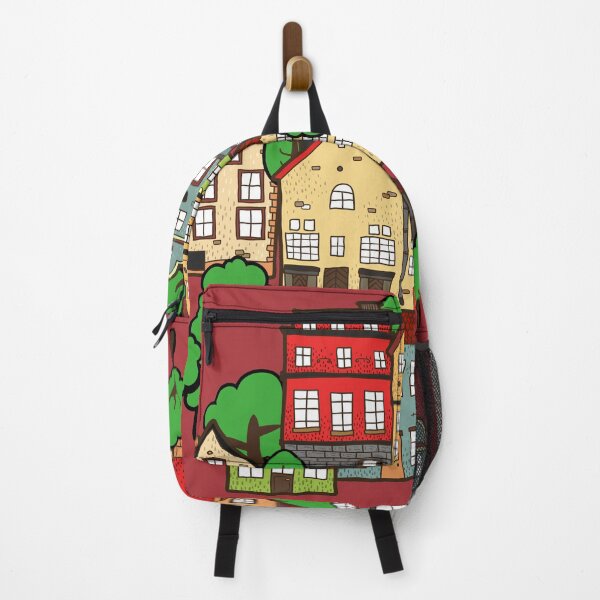Item preview, colored Hand drawn town buildings beautiful green trees designed and sold by mashmosh.