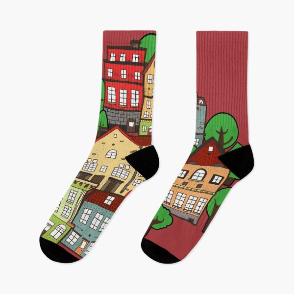 Item preview, colored Hand drawn town buildings  beautiful green trees designed and sold by mashmosh.