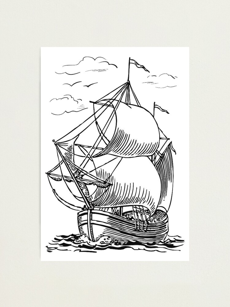 Boat sketch. Blue ink motor ship drawing