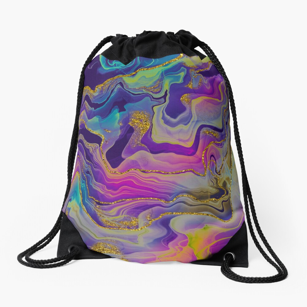 Sparkling Ink Splashes in Mermaid Colors with Gold Glitter Drawstring Bag