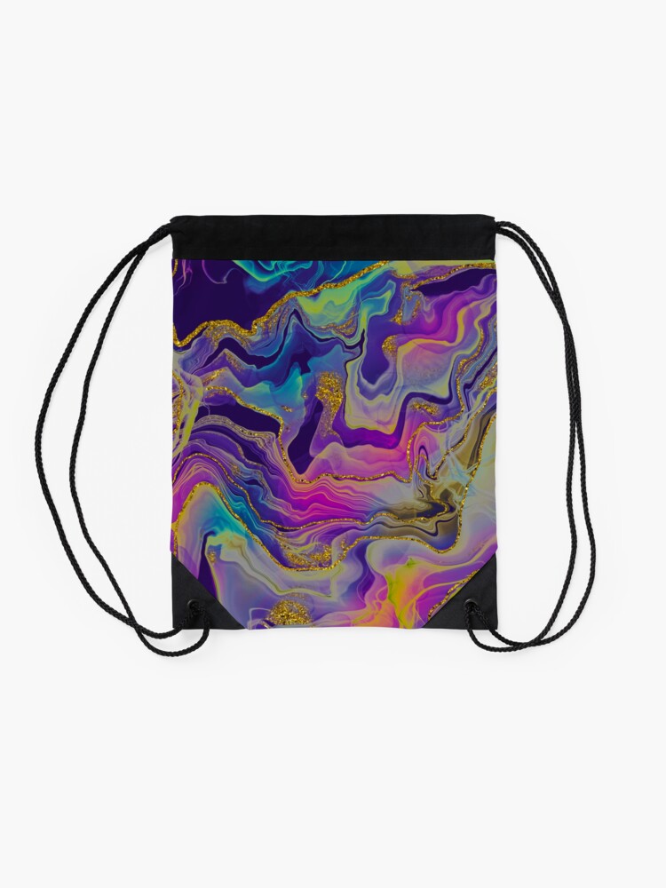 Alternate view of Sparkling Ink Splashes in Mermaid Colors with Gold Glitter Drawstring Bag