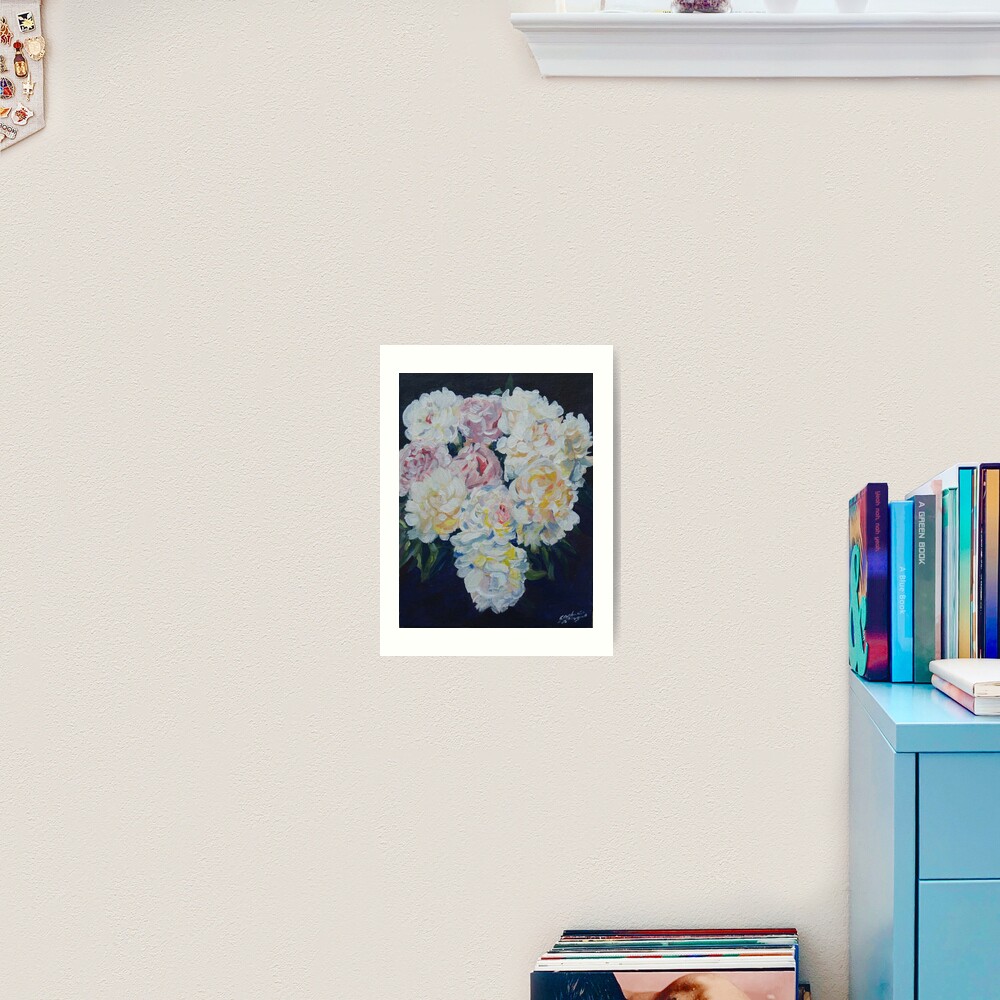 A floral bouquet painting of white, cream and pink peonies. 'Serenity' painted on canvas Art Print