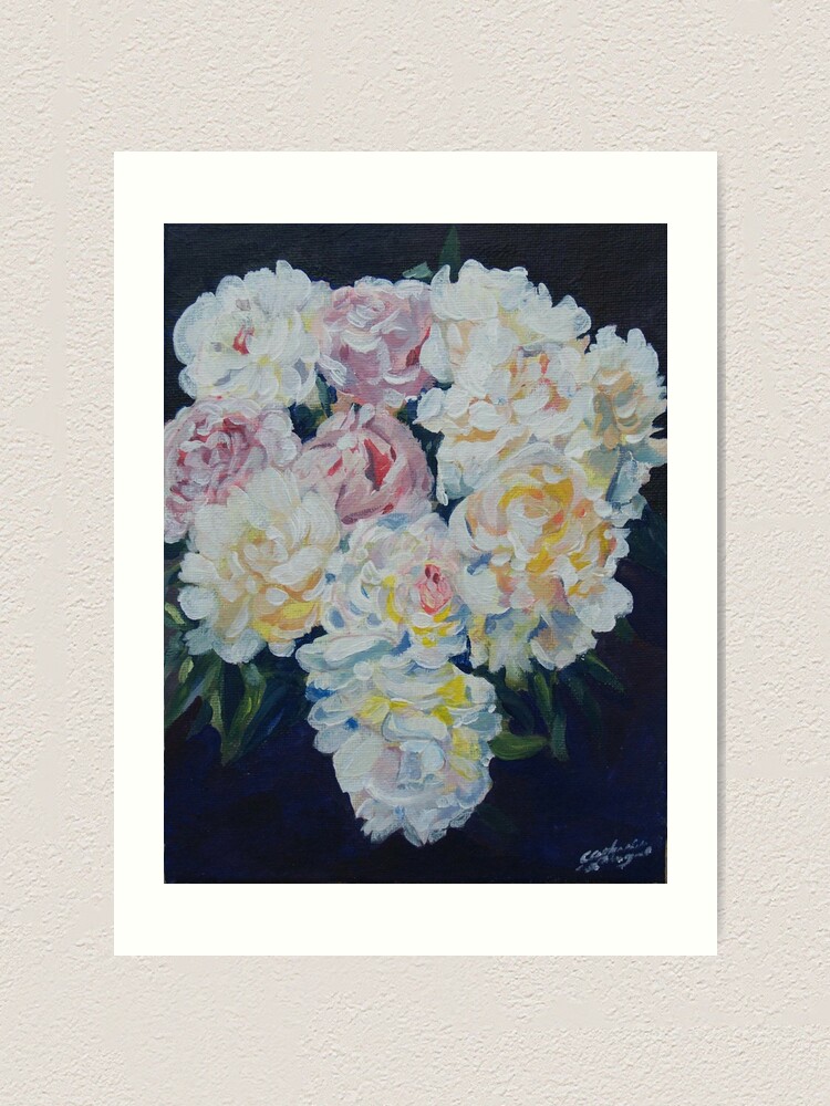 Alternate view of A floral bouquet painting of white, cream and pink peonies. 'Serenity' painted on canvas Art Print