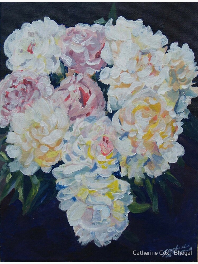 A floral bouquet painting of white, cream and pink peonies. 'Serenity' painted on canvas by Starsthatshine