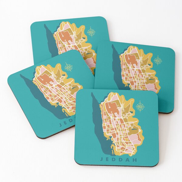 Item preview, Artistic map of Jeddah, Saudi Arabia in yellow, teal, blue and pink designed and sold by CreatEVEdesign.