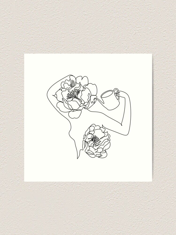 Woman Flower Watering Herself Line Drawing Blooming Body Line Art Self Love Mental Health Art Print By Onelineprint Redbubble