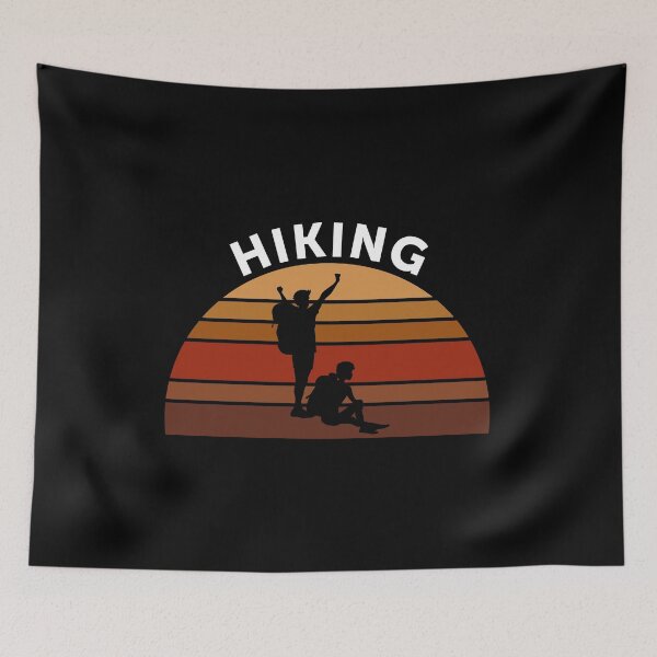 Item preview, Hiking. A girl and a guy with backpacks look into the distance against the background of the stylized sun. designed and sold by Galina Kostyaeva.