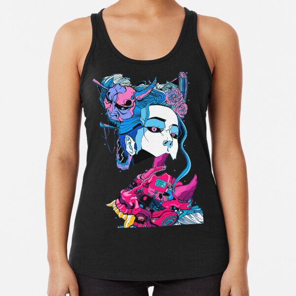 Cyberpunk Samurai Demon Mask Japanese Girl Camiseta con espalda nadadora