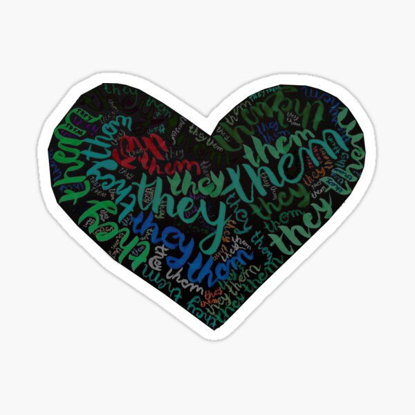 Black heart filled with brightly lettered they/them Sticker