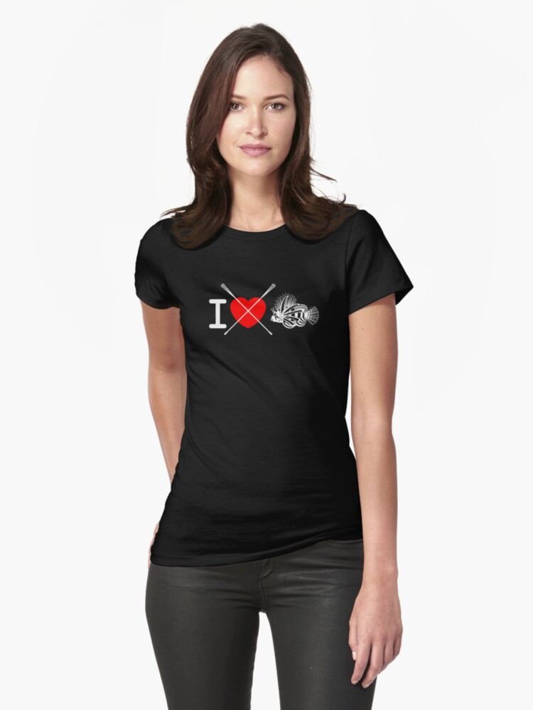 Fitted T-Shirt, I love spear lionfish (black) designed and sold by Lionfish