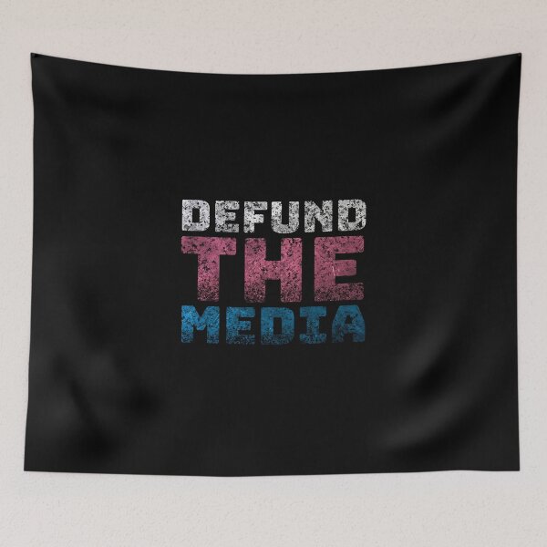 Item preview, DEFUND THE MEDIA, politic, post apocalyptic, white, red, blue, flag color, election, tv, dirty, destroy text, captions designed and sold by NiceSign.