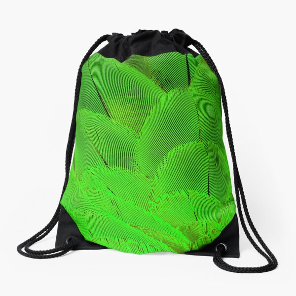 Neon psycodelic feathers bright yellow green Drawstring Bag