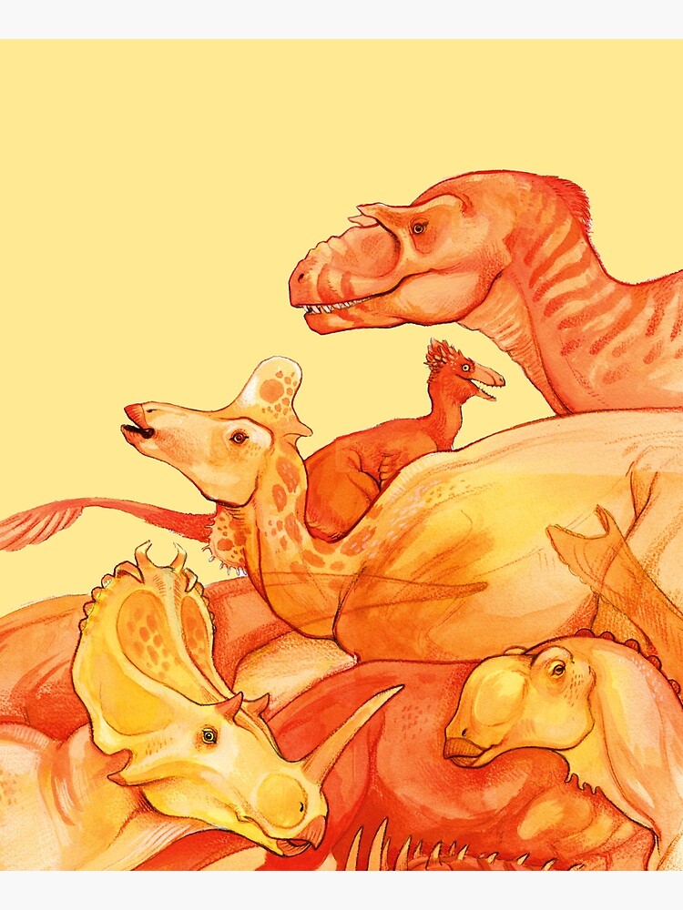 cretaceous congregation - orange & yellow dinosaurs by thoughtsupnorth