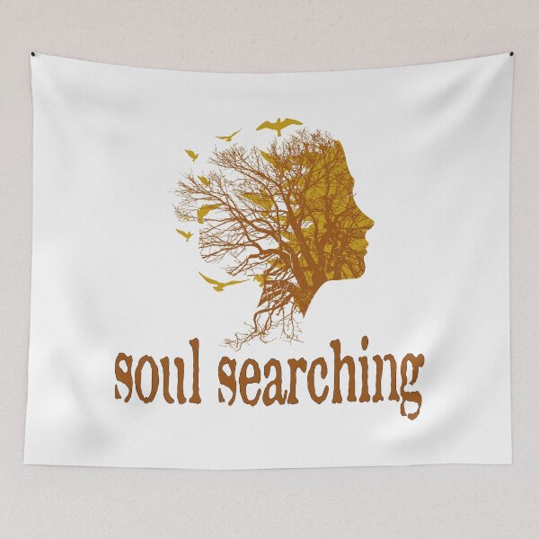 Item preview, a full tree with branches and roots embedded like a vein into a woman's head in side view breaking into flying birds with soul searching text design designed and sold by Bees-Honey-Gift.