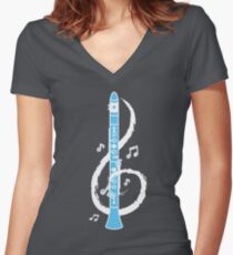 Camiseta entallada de cuello en V Clave de sol musical Clarinete musical
