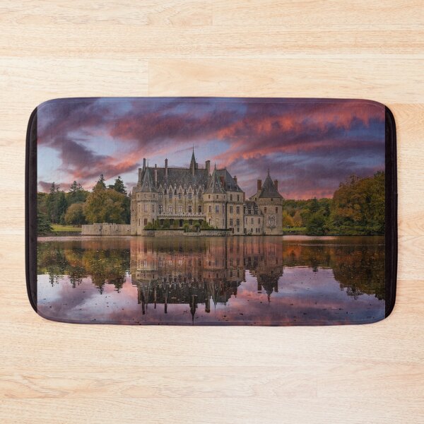 Item preview, French Castle, Chateau De La Bretesche on sunset with water reflection designed and sold by Quirkle Berry.
