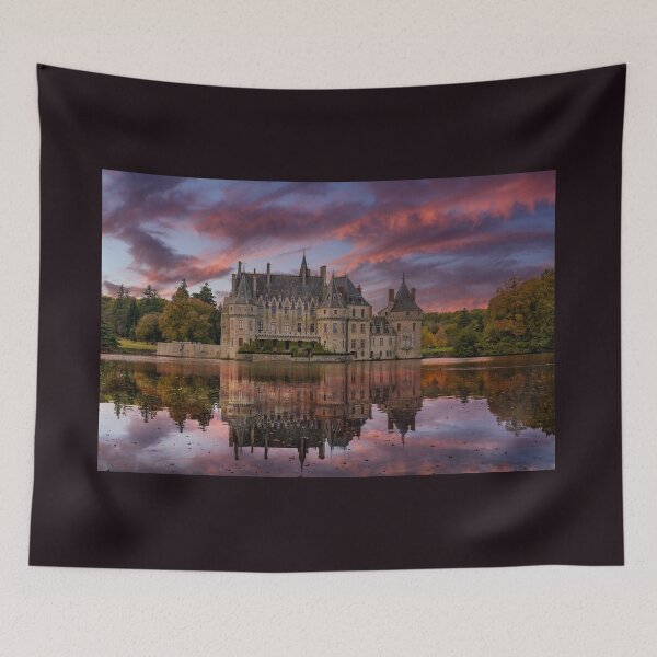 Item preview, French Castle, Chateau De La Bretesche on sunset with water reflection designed and sold by Quirkle Berry.