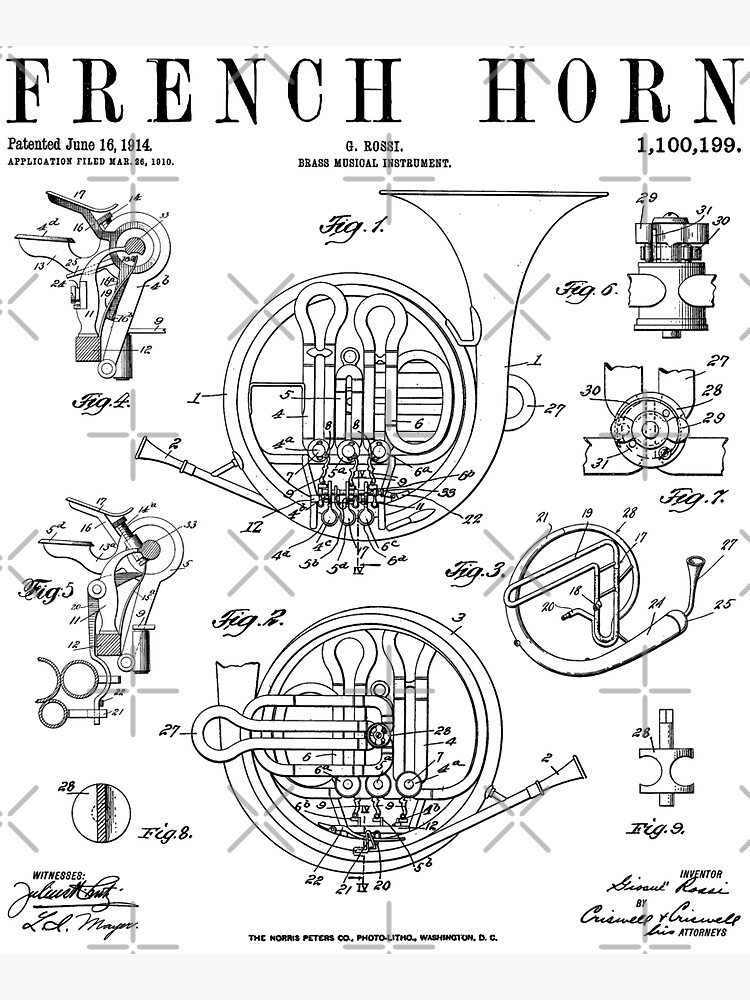 Thumbnail 5 von 5, Stofftasche, Französisches Horn, alter Vintage-Antik-Patent-Zeichnungsdruck designt und verkauft von GrandeDuc.