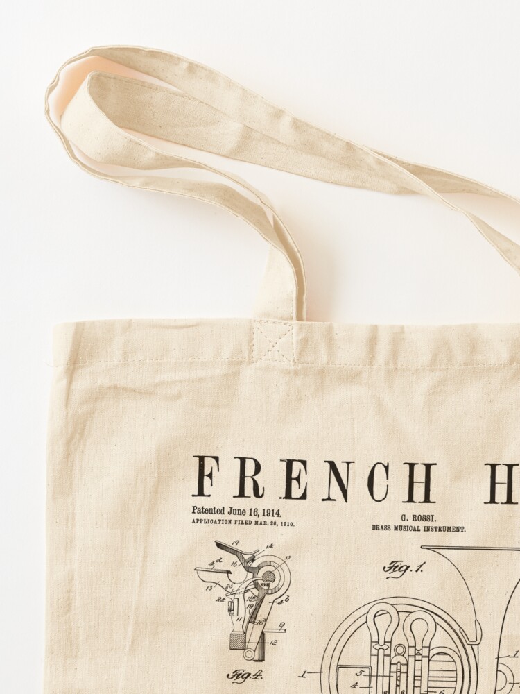 Thumbnail 3 von 5, Stofftasche, Französisches Horn, alter Vintage-Antik-Patent-Zeichnungsdruck designt und verkauft von GrandeDuc.