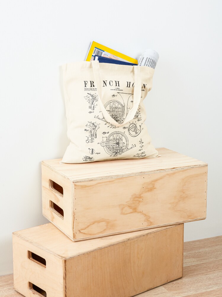 Thumbnail 4 von 5, Stofftasche, Französisches Horn, alter Vintage-Antik-Patent-Zeichnungsdruck designt und verkauft von GrandeDuc.