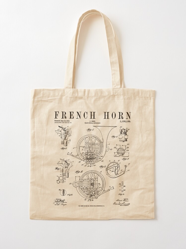Thumbnail 2 von 5, Stofftasche, Französisches Horn, alter Vintage-Antik-Patent-Zeichnungsdruck designt und verkauft von GrandeDuc.