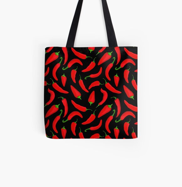 Red Chilli Pepper Pattern on Black All Over Print Tote Bag