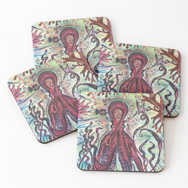 Item preview, octopus coral reef original art watercolour painting mask design mysticladyart  designed and sold by mystic lady vintage art and fashion designs.