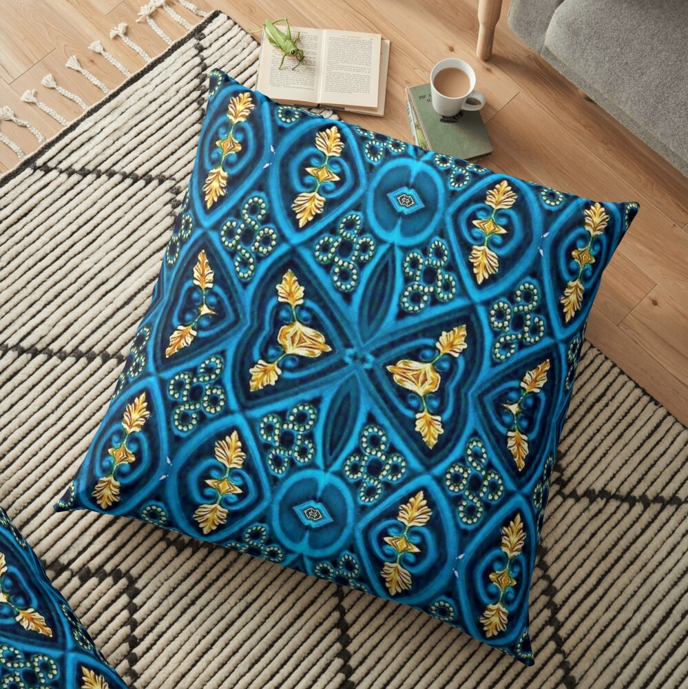 Asian Style Pattern Blue and Gold Floor Pillow