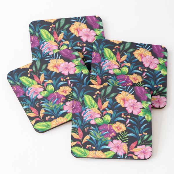 Item preview, Tropical colored flowers on black background, colorful design, summer colors designed and sold by Twinstyle.