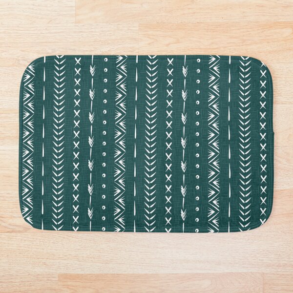 Boho mud cloth pattern, forest green and white Bath Mat