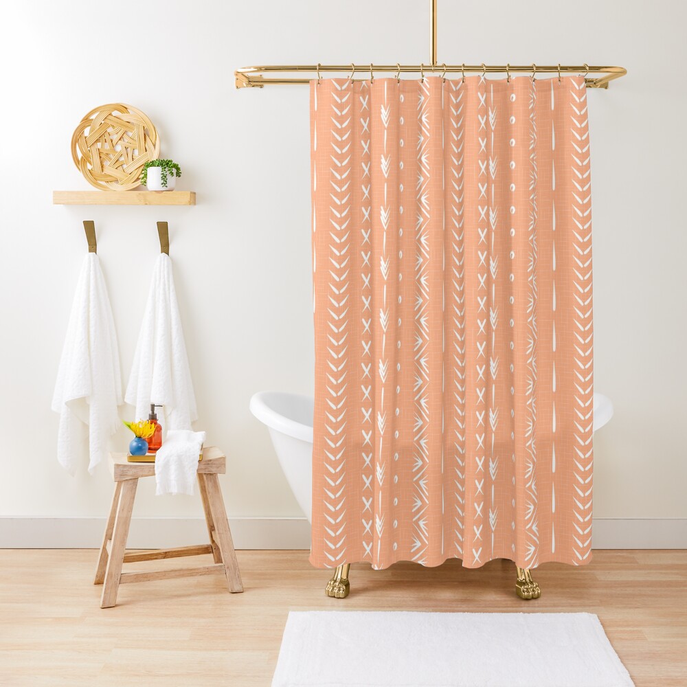 "Boho mud cloth pattern, peach pink and white" Shower Curtain by