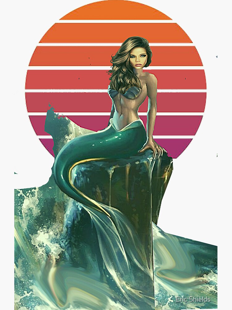 Sexy Mermaid sitting on rock in ocean with vintage sunset Sticker for Sale  by Eric Shields